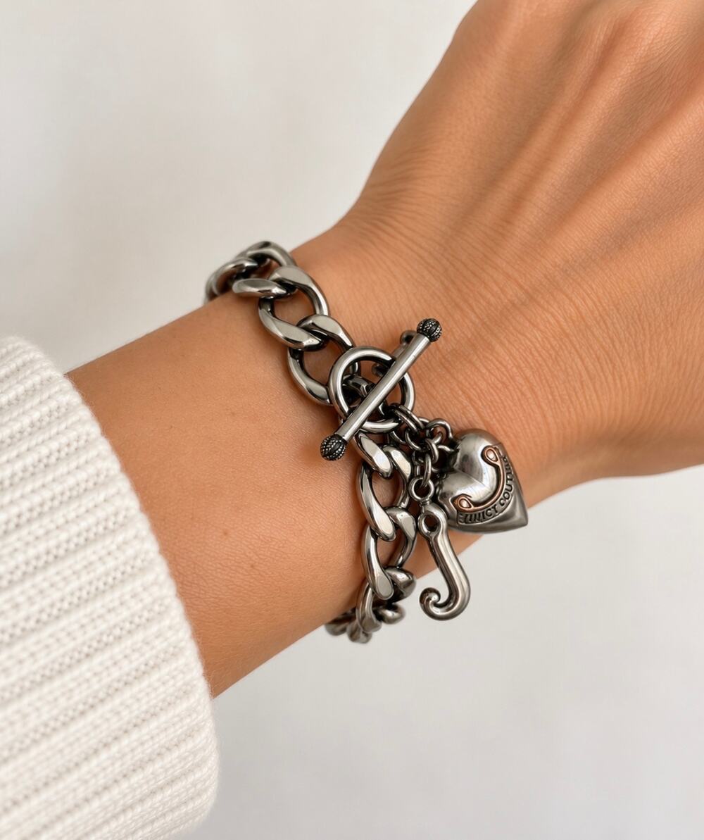 Juicy Couture Y2K Puffy Heart Silver Starter Charm Bracelet Toggle Closure